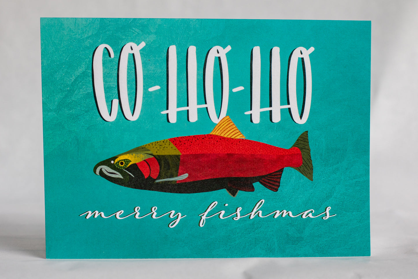 co-ho-ho merry fishmas salmon greeting card | punny ocean holiday card