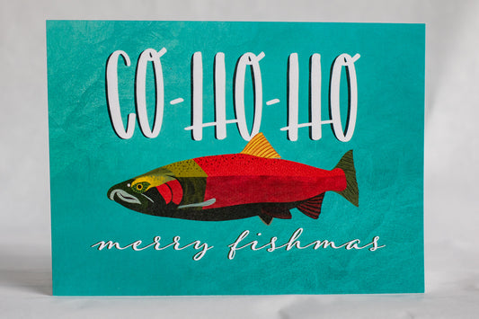 co-ho-ho merry fishmas salmon greeting card | punny ocean holiday card