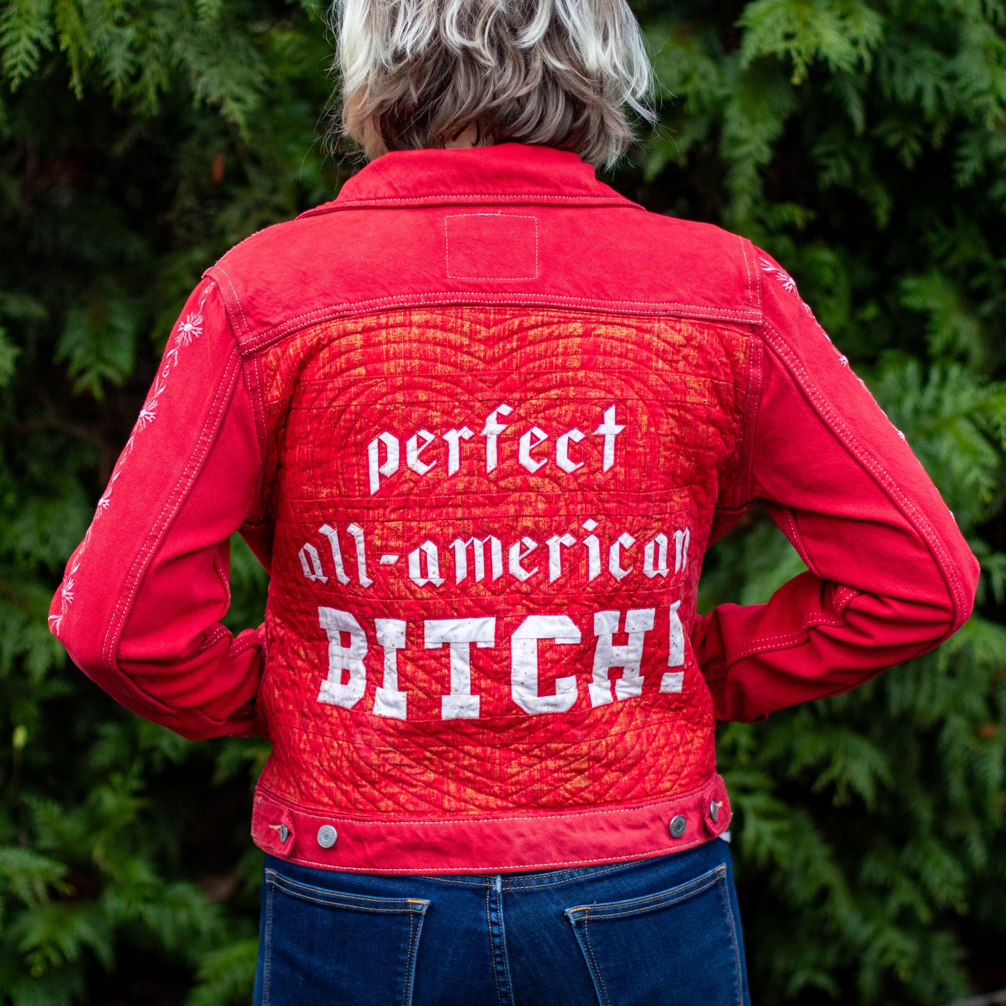 “perfect all-american BITCH!” dyed & quilted upcycled denim jacket | Olivia Rodrigo-inspired wearable art