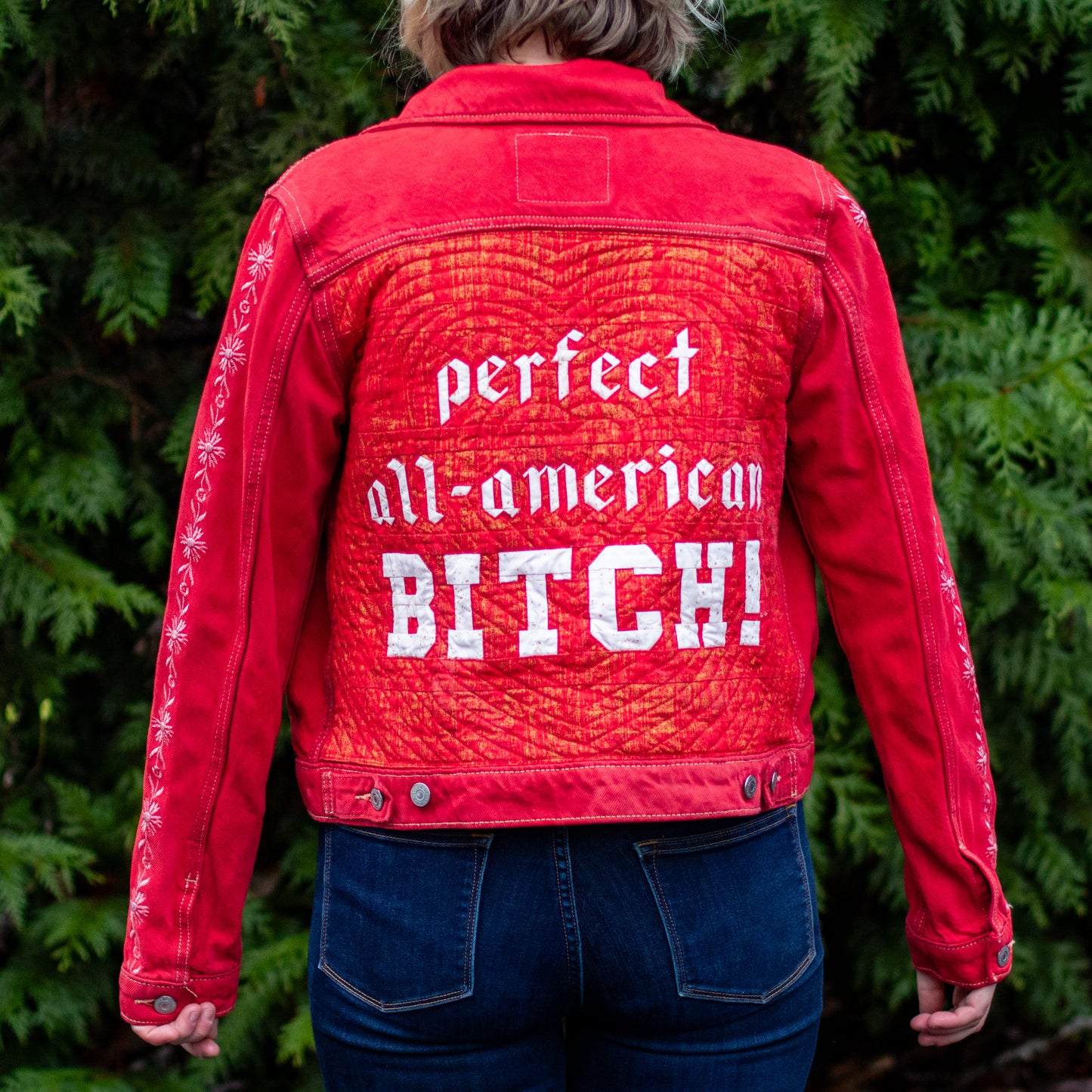 “perfect all-american BITCH!” dyed & quilted upcycled denim jacket | Olivia Rodrigo-inspired wearable art