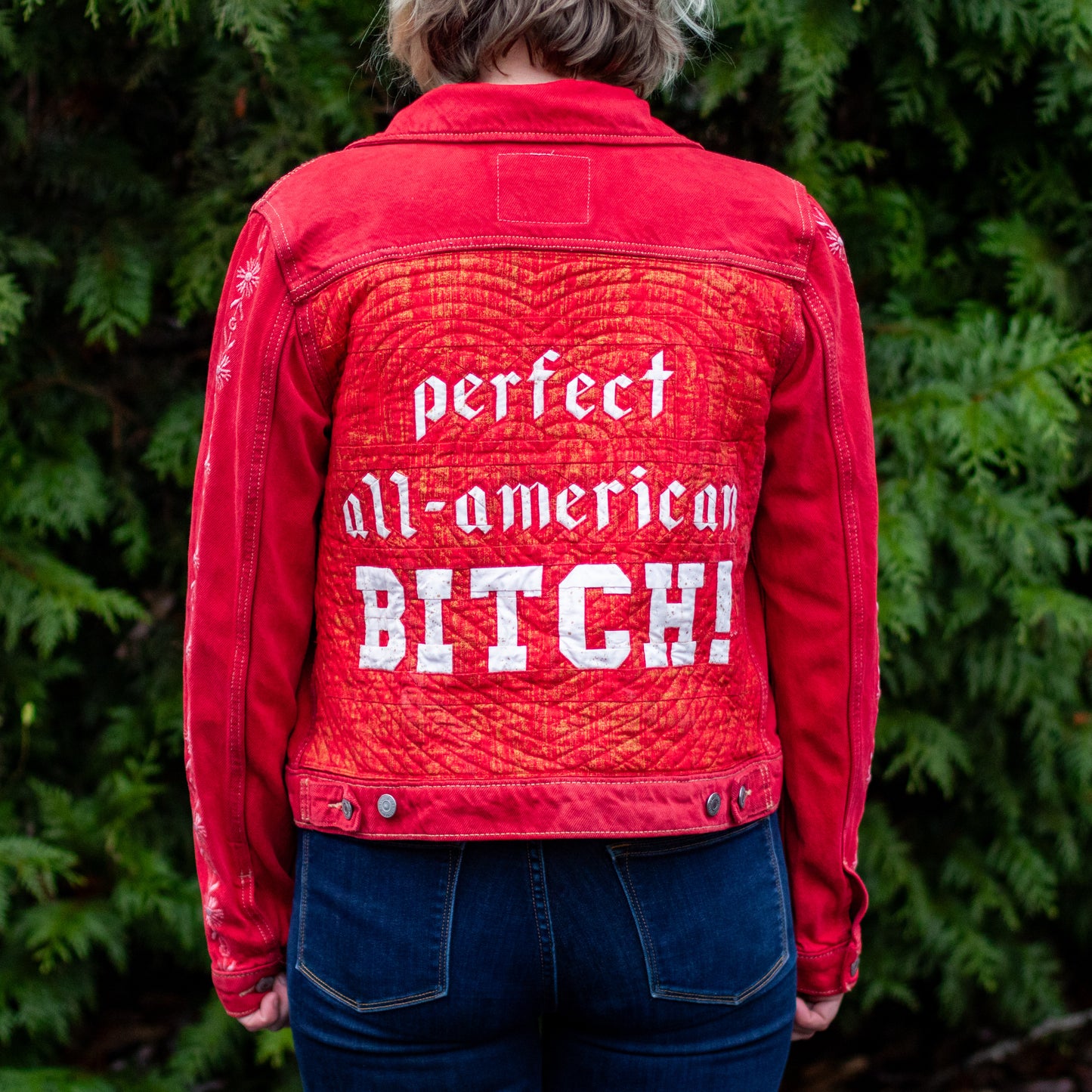 “perfect all-american BITCH!” dyed & quilted upcycled denim jacket | Olivia Rodrigo-inspired wearable art