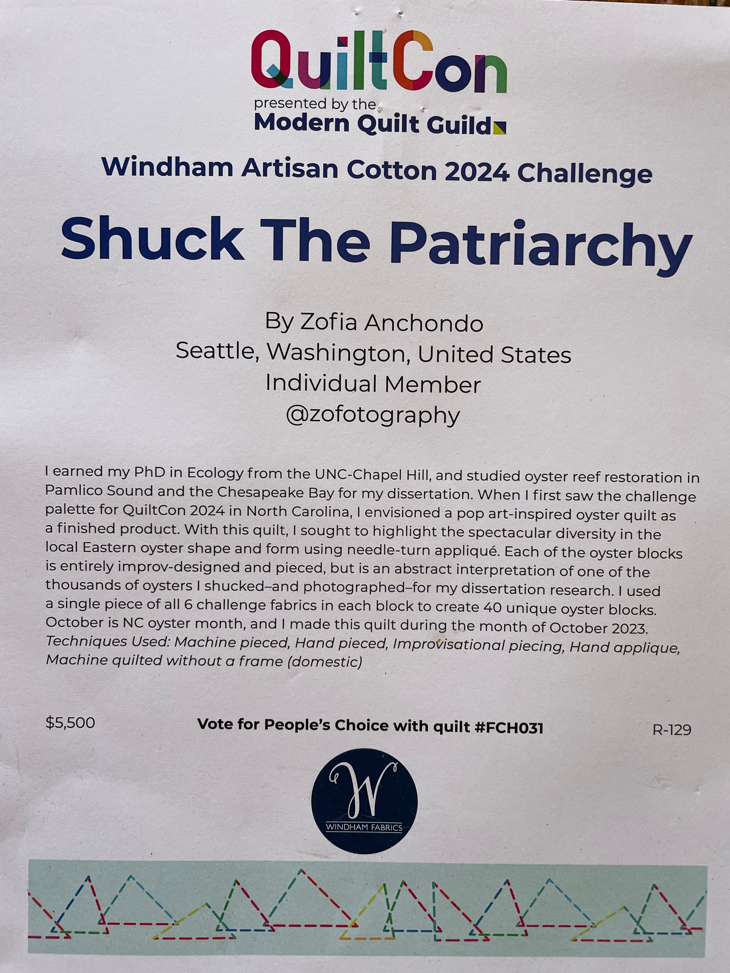 "Shuck The Patriarchy" hand appliquéd improv oyster quilt