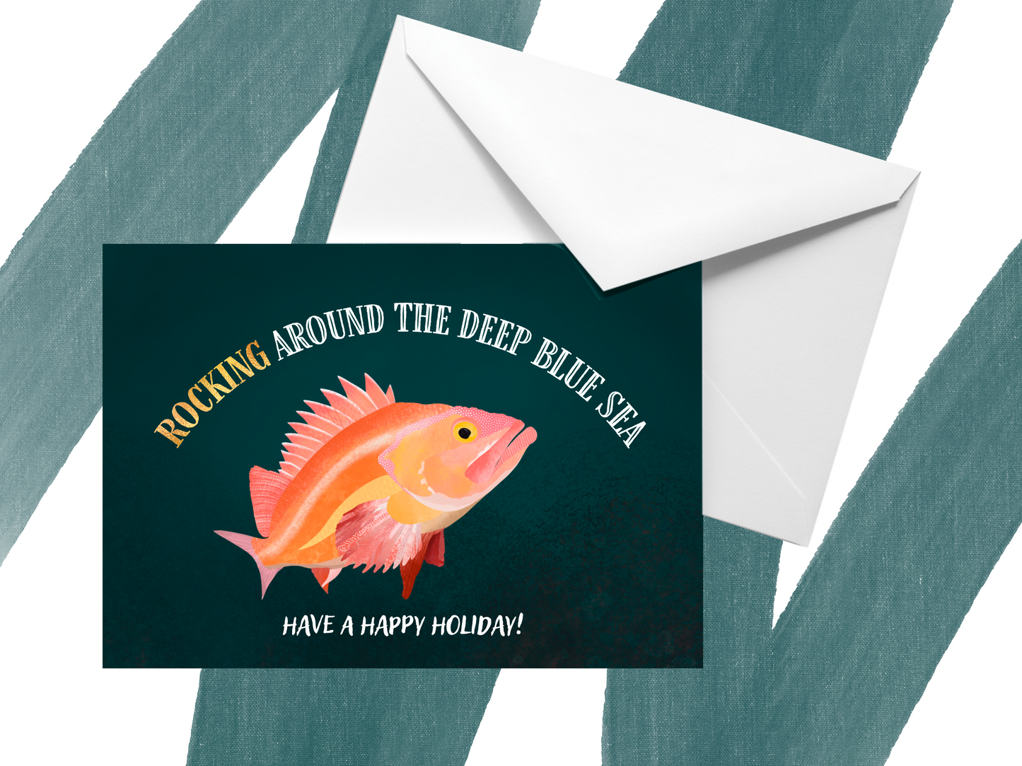 multi-pack "rocking around the deep blue sea have a happy holiday" punny ocean holiday greeting cards (4, 8 or 12)