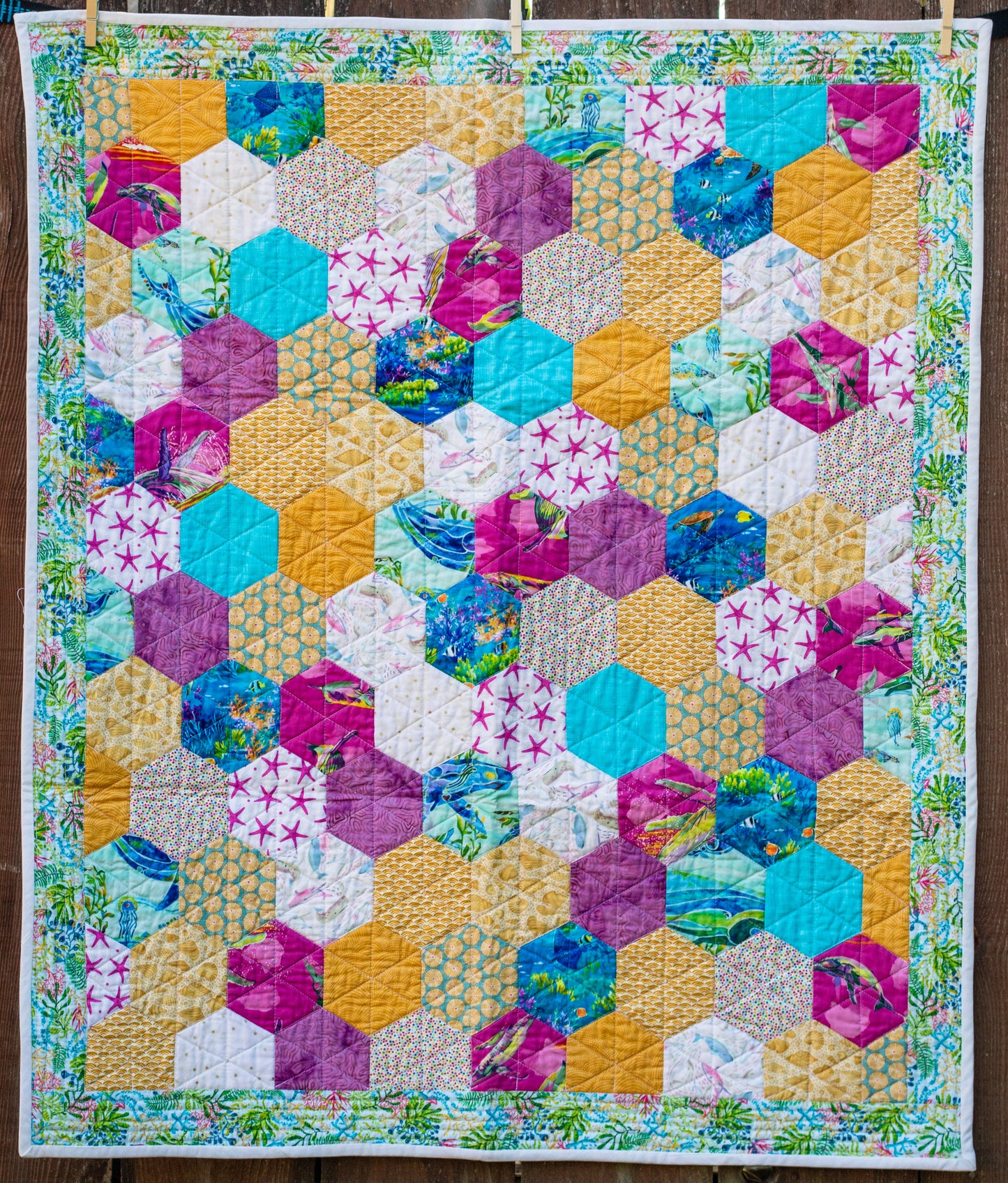 "save the whales before they're (hexa)gone" modern lap or baby quilt | handmade, completed crib quilt