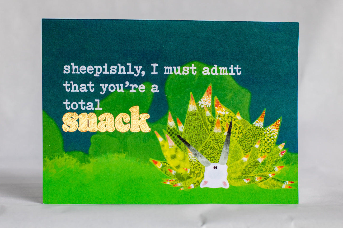 punny romance card | foiled punny leaf sheep nudibranch greeting card