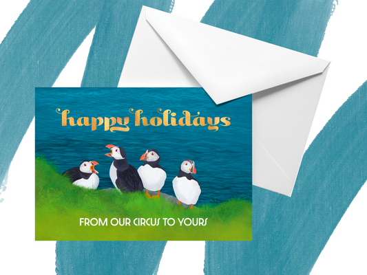 multi-pack "happy holidays from our circus to yours" punny ocean holiday greeting cards (4, 8 or 12)