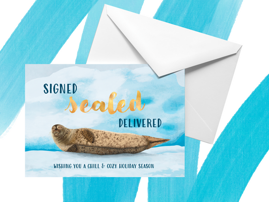 multi-pack "signed sealed delivered" punny ocean holiday greeting cards (4, 8 or 12)