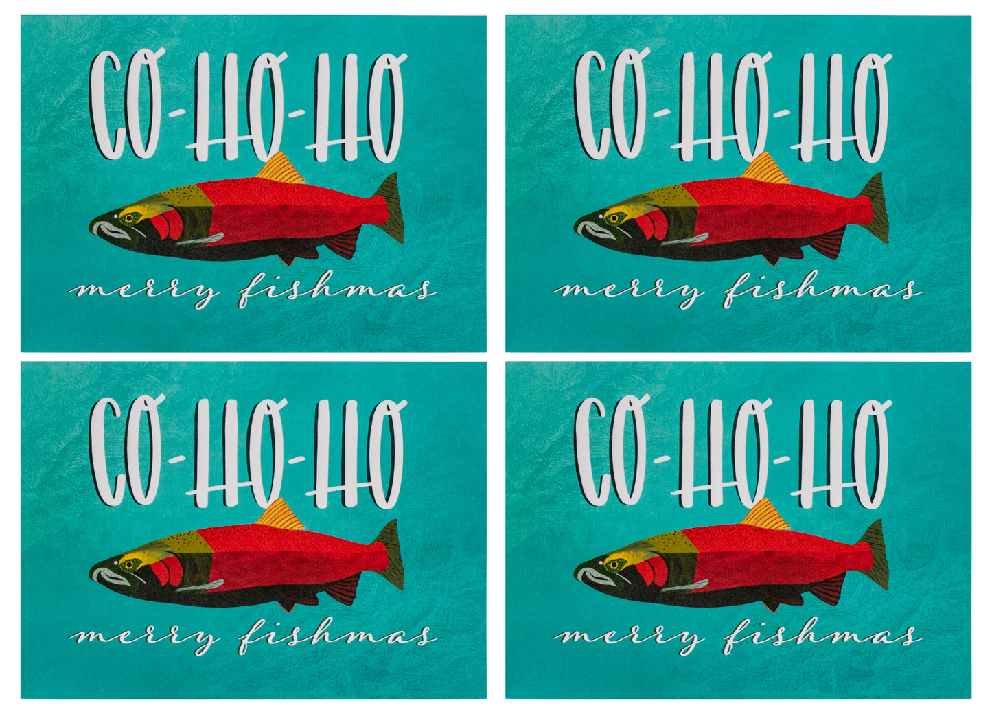 multi-pack co-ho-ho merry fishmas punny ocean holiday greeting cards (4, 8 or 12)