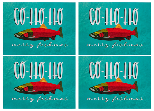 multi-pack co-ho-ho merry fishmas punny ocean holiday greeting cards (4, 8 or 12)