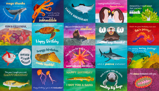 mix & match punny ocean-themed foiled greeting cards