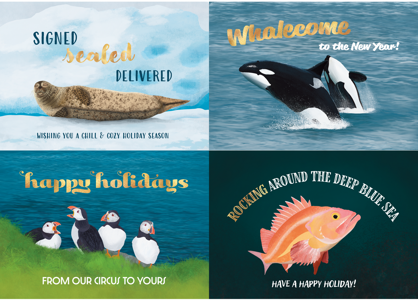 multi-pack 2022 punny ocean holiday greeting cards (4, 8 or 12)