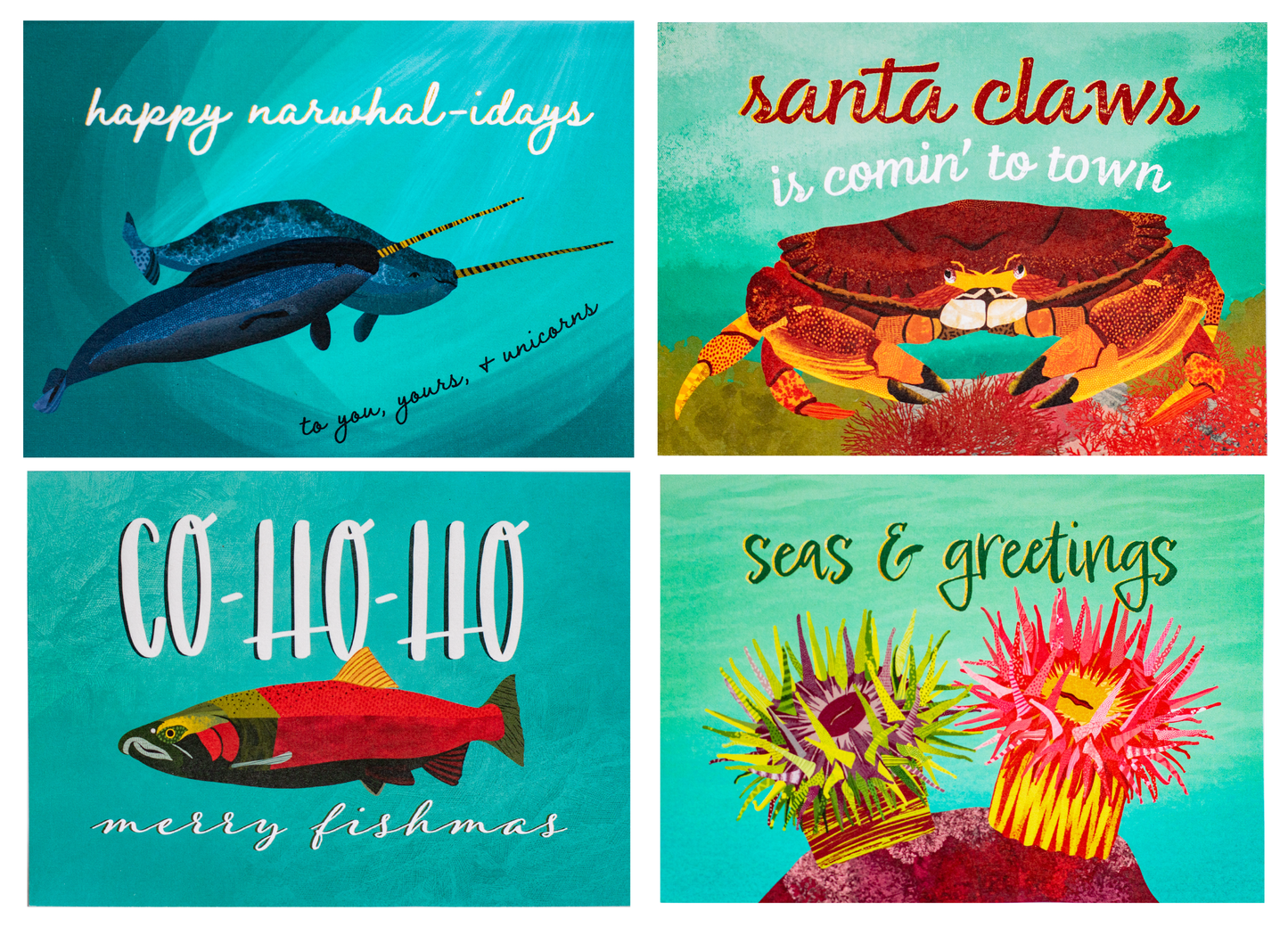 punny ocean holiday greeting card set (4 designs)