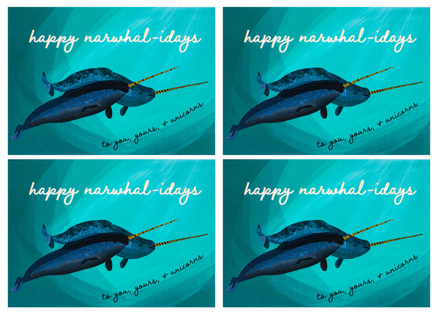 multi-pack happy narwhal-idays punny ocean holiday greeting cards (4, 8 or 12)