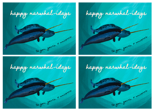 multi-pack happy narwhal-idays punny ocean holiday greeting cards (4, 8 or 12)